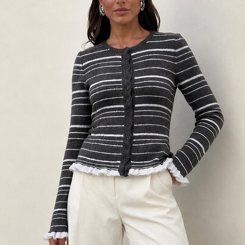 versatile women's striped crew-neck cardigan sweater.