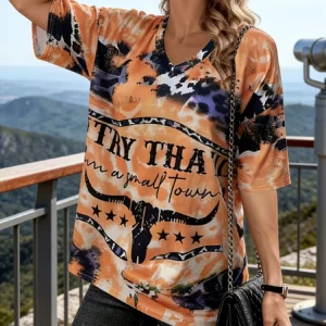 Printed V-neck short-sleeve T-shirt (loose fit)