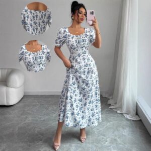 Stylish and elegant U-neck short-sleeved printed maxi dress