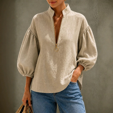 Solid-color, loose-fitting casual top with lantern sleeves (Western style)