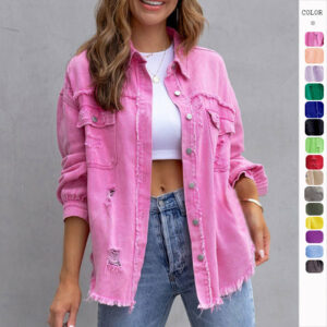 Raw-Hem Ripped Denim Jacket
