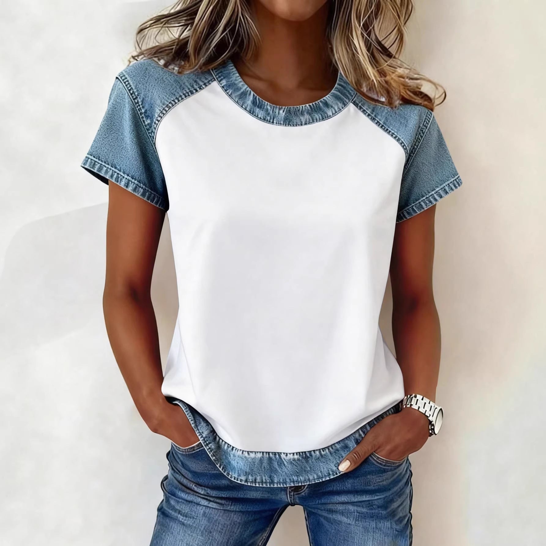 Colour-Block Printed Crew-Neck Top