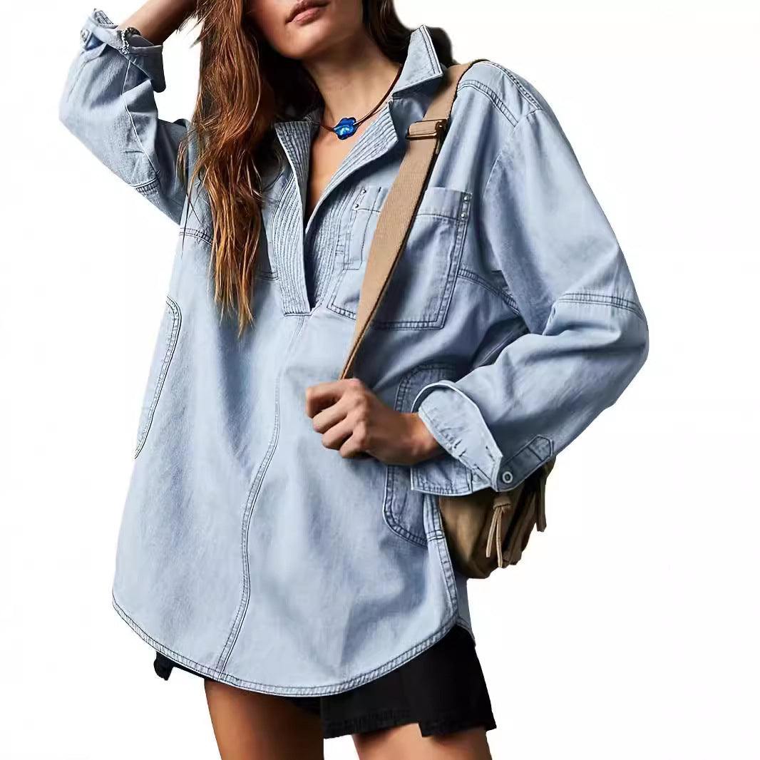 V-Neck Long-Sleeve Denim Jacket