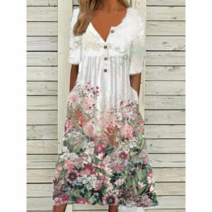 Floral V-Neck Button Pocket Maxi Dress